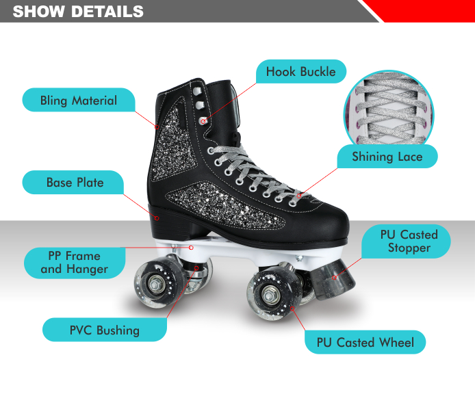 Hard Boot Adult Quad Roller Skate med Glitter Materiale